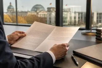 Συμβολική απεικόνιση διπλής επιστολής για τη συνταξιοδοτική πολιτική, την οποία εξετάζει υπάλληλος σε πολιτικό γραφείο.