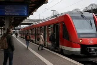 Επιβάτες περπατούν σε αποβάθρα γερμανικού σταθμού δίπλα σε κόκκινο περιφερειακό τρένο.