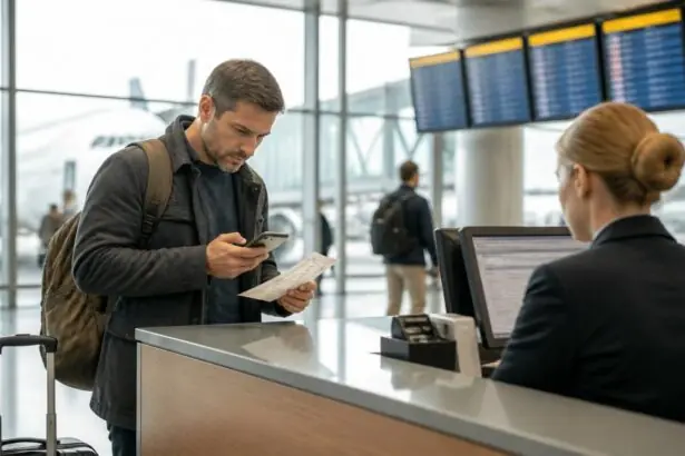 Επιβάτης με βαλίτσα ελέγχει το κινητό του μπροστά σε γκισέ εξυπηρέτησης αεροδρομίου.