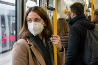 Επιβάτιδα με λευκή μάσκα FFP2 κρατά χειρολαβή μέσα σε αστικό μέσο μεταφοράς με άλλους επιβάτες.