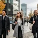 Εργαζόμενοι μετακινούνται σε επιχειρηματική περιοχή γερμανικής πόλης το φθινόπωρο