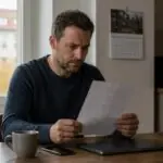 Εργαζόμενος διαβάζει προσεκτικά έγγραφο σε τραπέζι κατοικίας δίπλα σε φορητό υπολογιστή.