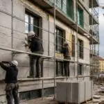 Εργαζόμενοι σε εργοτάξιο πολυκατοικίας στη Γερμανία, με σκαλωσιές και υπό κατασκευή όψη κτιρίου.