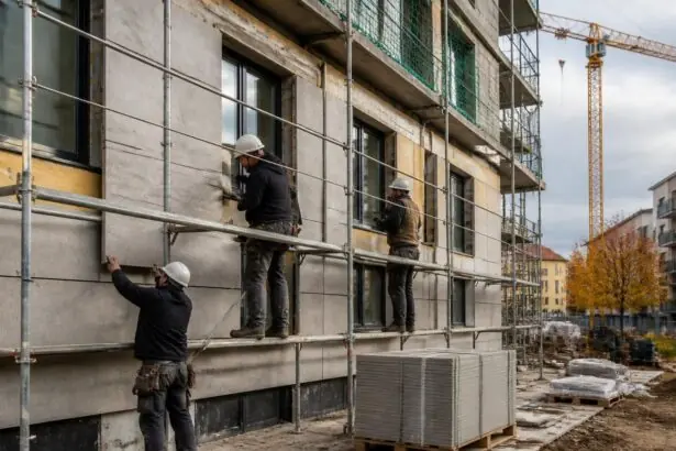 Εργαζόμενοι σε εργοτάξιο πολυκατοικίας στη Γερμανία, με σκαλωσιές και υπό κατασκευή όψη κτιρίου.
