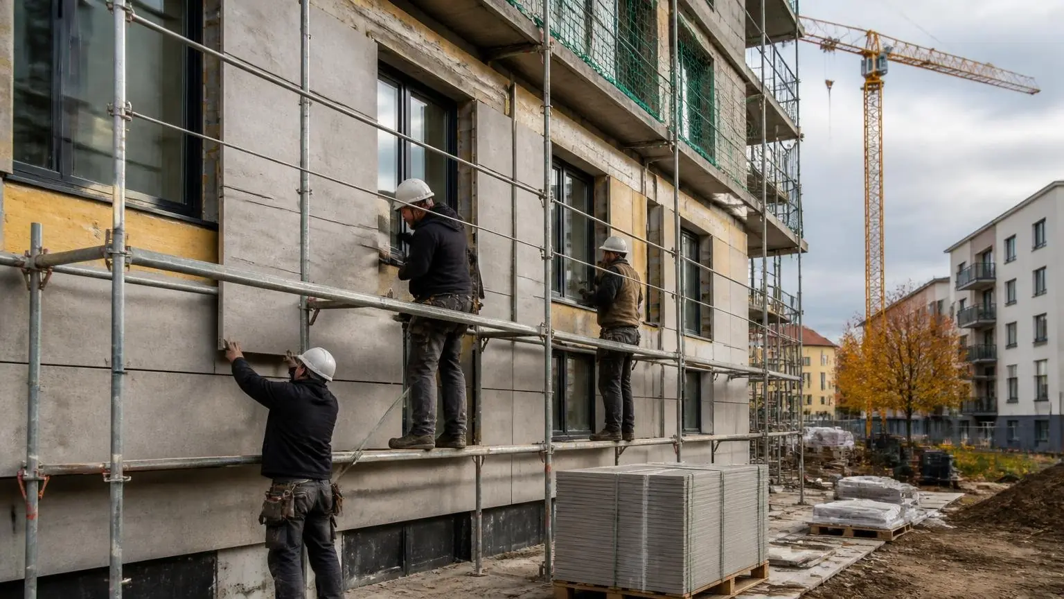 Εργαζόμενοι σε εργοτάξιο πολυκατοικίας στη Γερμανία, με σκαλωσιές και υπό κατασκευή όψη κτιρίου.