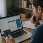 Ταξιδιώτης ελέγχει διαδικτυακή φόρμα σε φορητό υπολογιστή με διαβατήριο δίπλα του.
