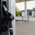 Eine Zapfpistole hängt an einer unbeschrifteten Tankstellensäule.