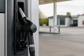 Eine Zapfpistole hängt an einer unbeschrifteten Tankstellensäule.