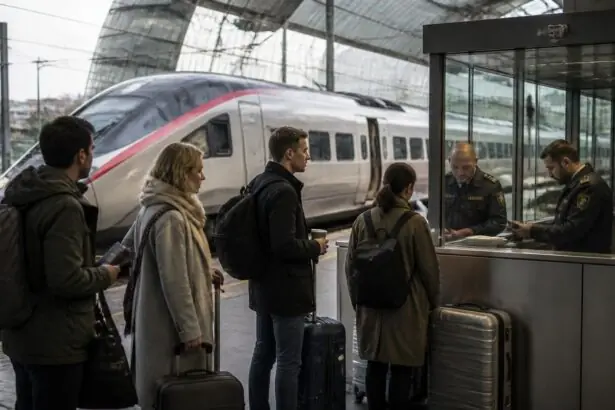 Επιβάτες περιμένουν για έλεγχο διαβατηρίων σε ολλανδικό σιδηροδρομικό σταθμό δίπλα σε τρένο υψηλής ταχύτητας