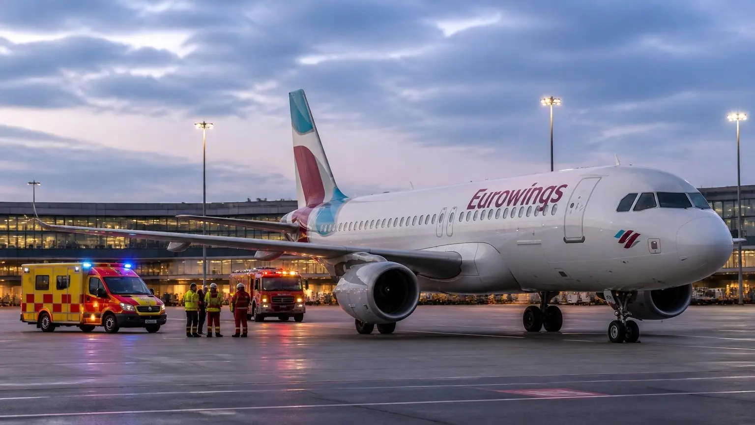 Eurowings-Flugzeug am Flughafen Düsseldorf mit Rettungswagen und Feuerwehr nach medizinischem Notfall auf einem Flug aus Rhodos.