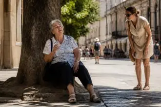 Ηλικιωμένη γυναίκα αναζητά σκιά σε ευρωπαϊκό δρόμο κατά τη διάρκεια έντονης ζέστης