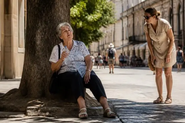 Ηλικιωμένη γυναίκα αναζητά σκιά σε ευρωπαϊκό δρόμο κατά τη διάρκεια έντονης ζέστης