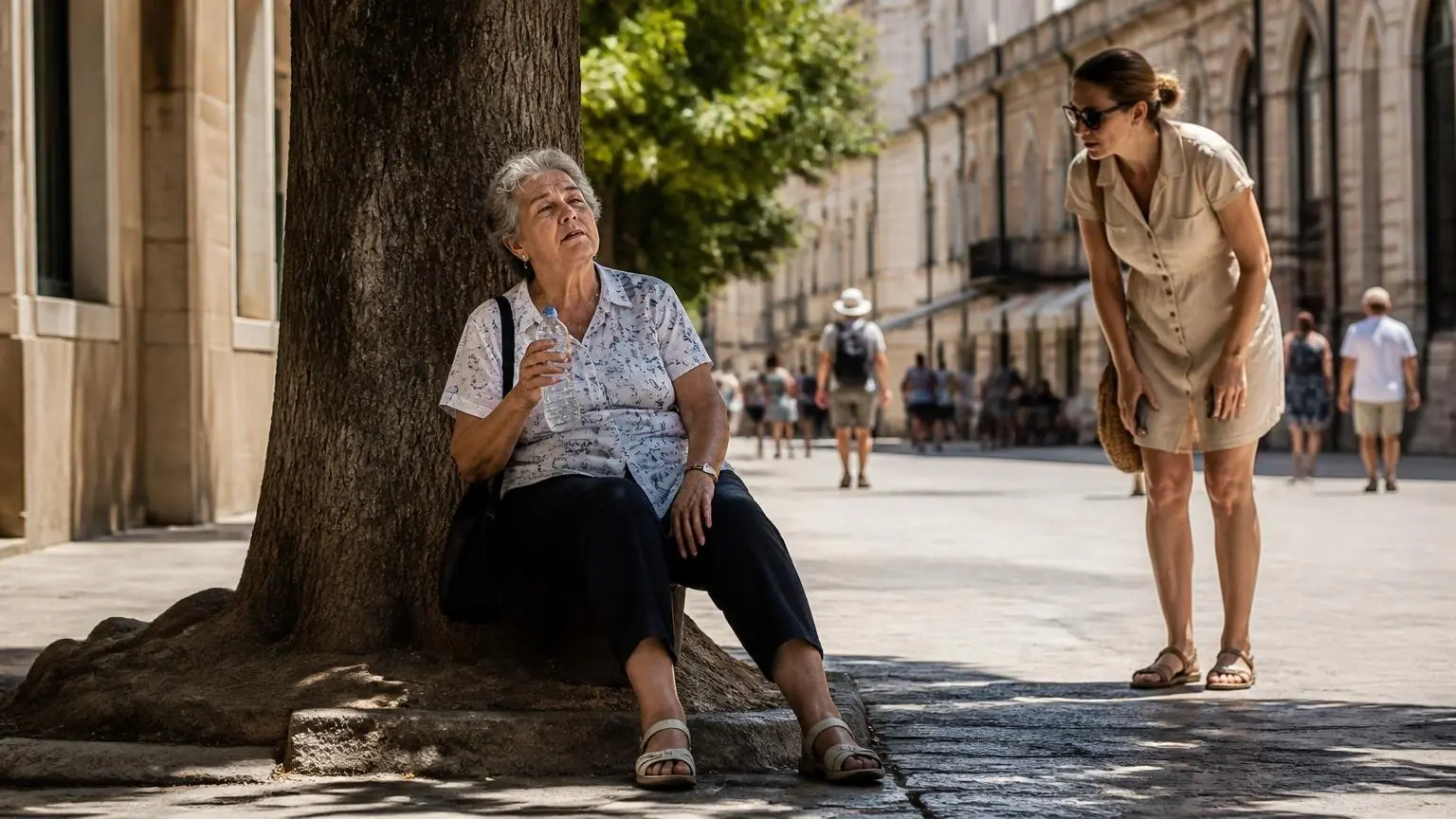 Ηλικιωμένη γυναίκα αναζητά σκιά σε ευρωπαϊκό δρόμο κατά τη διάρκεια έντονης ζέστης
