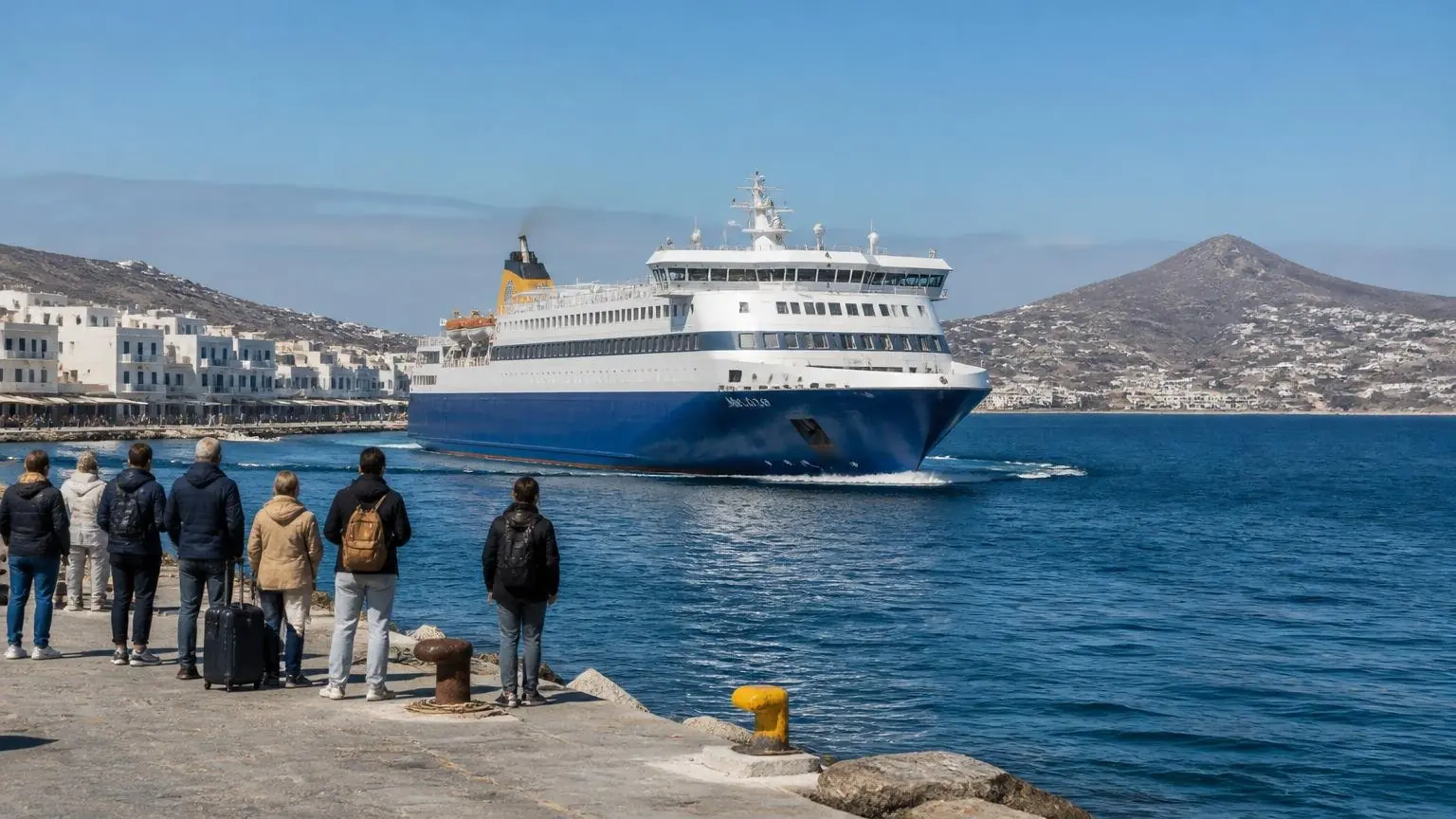 Symbolisches Bild einer griechischen Passagierfähre beim Einlaufen in einen Hafen auf den Kykladen