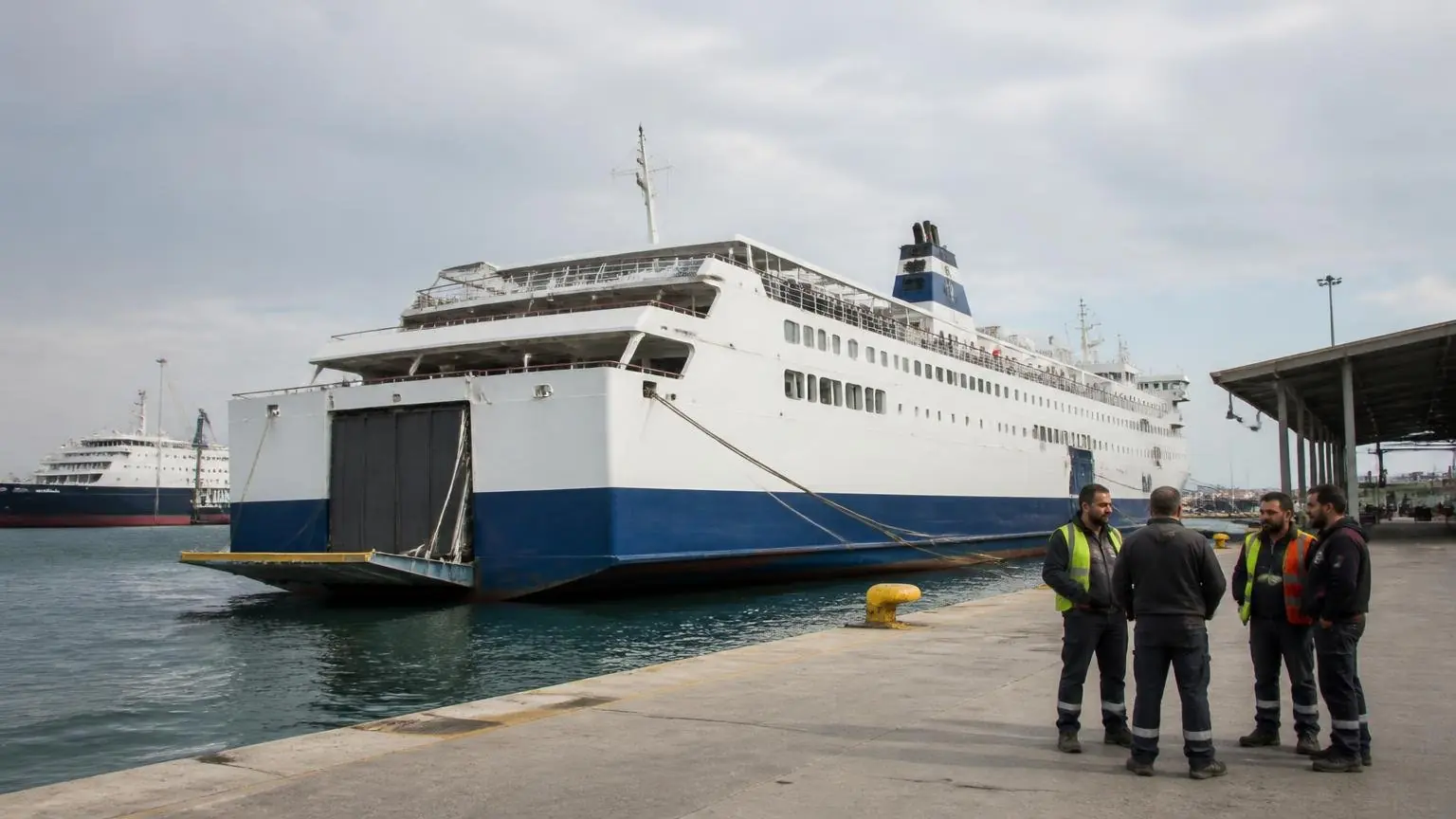 Eine Passagierfähre liegt an einem griechischen Hafen, während Hafenarbeiter am Kai stehen