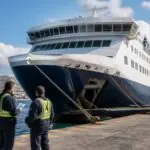 Große Passagierfähre am Kai eines griechischen Hafens mit zwei maritimen Beschäftigten im Vordergrund