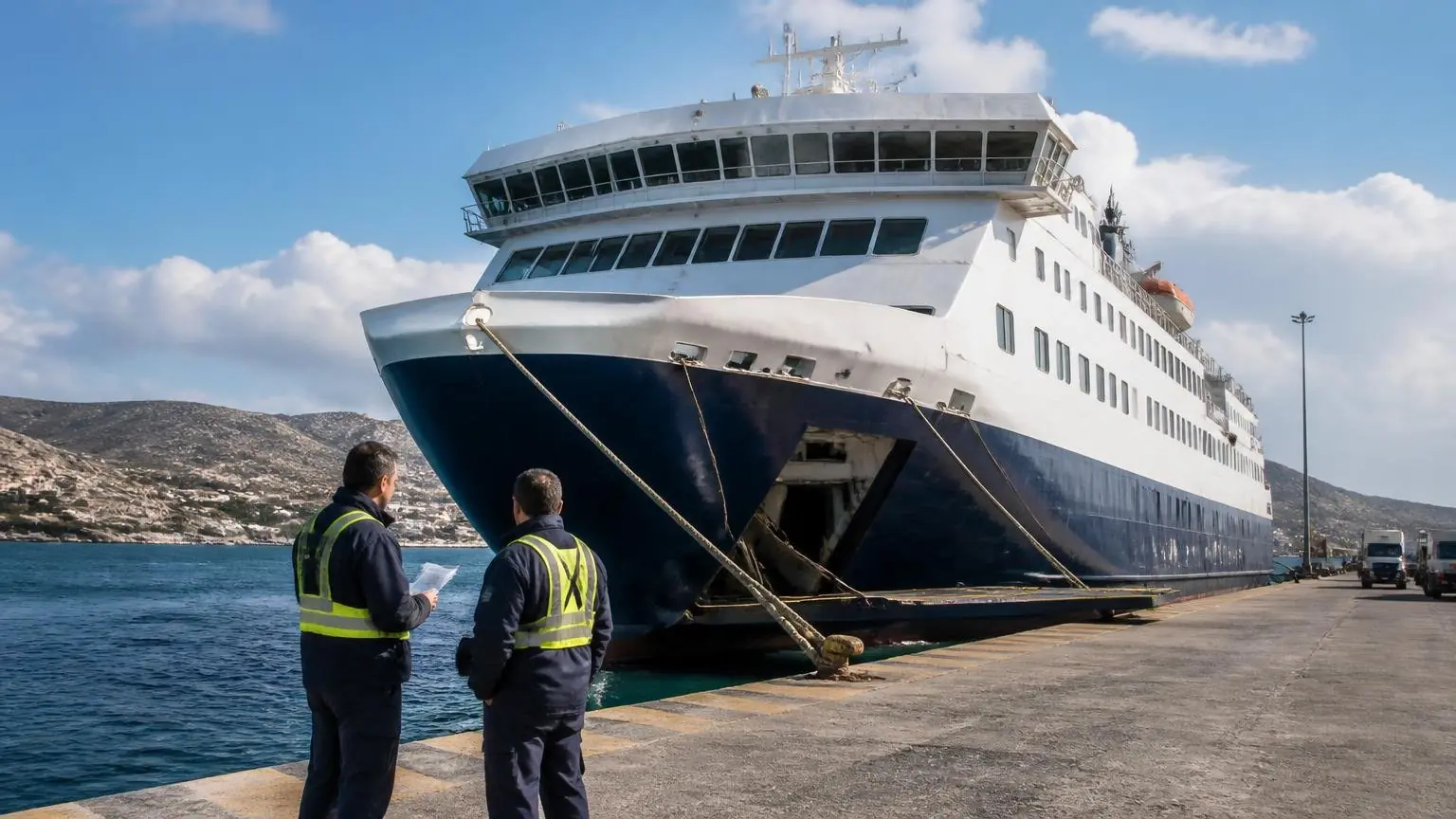 Große Passagierfähre am Kai eines griechischen Hafens mit zwei maritimen Beschäftigten im Vordergrund