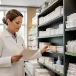 Φαρμακοποιός σε γερμανικό φαρμακείο ελέγχει τα αποθέματα φαρμάκων στα ράφια