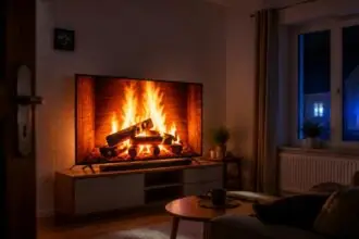Συμβολική εικόνα τηλεόρασης που προβάλλει αναμμένο τζάκι μέσα σε σαλόνι τη νύχτα