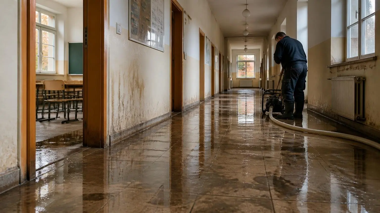 Συμβολική εικόνα πλημμυρισμένου διαδρόμου γερμανικού σχολείου με νερό στο πάτωμα και κλειστές αίθουσες
