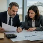 Zwei Fachleute prüfen Finanzunterlagen an einem Schreibtisch
