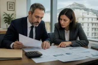 Zwei Fachleute prüfen Finanzunterlagen an einem Schreibtisch