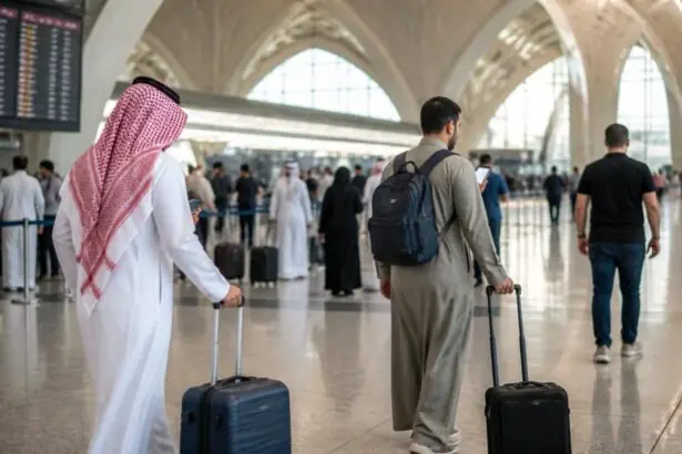 Reisende mit Gepäck in einer modernen Flughafenhalle in Saudi-Arabien.