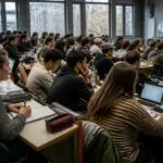 Φοιτητές παρακολουθούν μάθημα σε γεμάτο πανεπιστημιακό αμφιθέατρο, με φορητούς υπολογιστές και σημειώσεις.