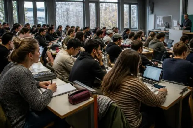 Φοιτητές παρακολουθούν μάθημα σε γεμάτο πανεπιστημιακό αμφιθέατρο, με φορητούς υπολογιστές και σημειώσεις.