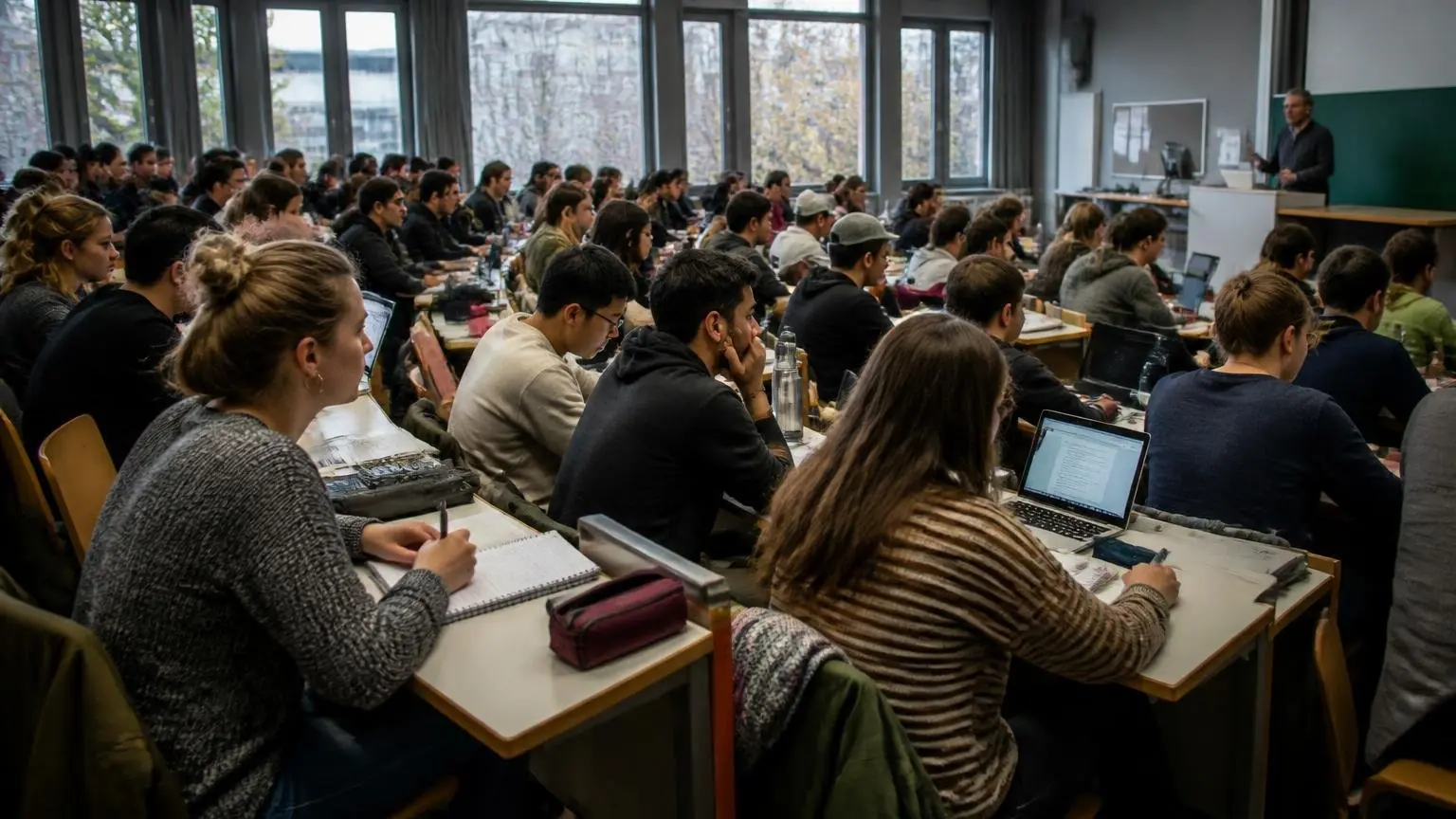 Φοιτητές παρακολουθούν μάθημα σε γεμάτο πανεπιστημιακό αμφιθέατρο, με φορητούς υπολογιστές και σημειώσεις.