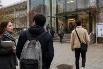 Φοιτητές με σακίδια περπατούν προς την είσοδο πανεπιστημιακού κτιρίου.
