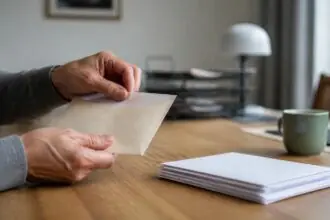 Χέρι ανοίγει λευκό φάκελο αλληλογραφίας δίπλα σε χαρτιά πάνω σε τραπέζι κατοικίας.
