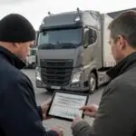 Οδηγός φορτηγού και υπεύθυνος μεταφορικής εξετάζουν στοιχεία ωραρίου σε τάμπλετ, δίπλα σε σταθμευμένο φορτηγό