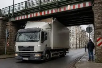 Συμβολική απεικόνιση φορτηγού ακινητοποιημένου κάτω από σιδηροδρομική γέφυρα σε γερμανική πόλη