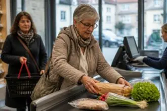 Καταναλωτές στο ταμείο ελβετικού σούπερ μάρκετ, συμβολική εικόνα για την αύξηση ΦΠΑ και τη 13η σύνταξη AHV