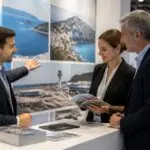 Fachleute der Reise- und Luftfahrtbranche im Gespräch auf einer Tourismusmesse, symbolische Darstellung