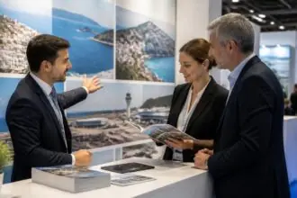 Fachleute der Reise- und Luftfahrtbranche im Gespräch auf einer Tourismusmesse, symbolische Darstellung