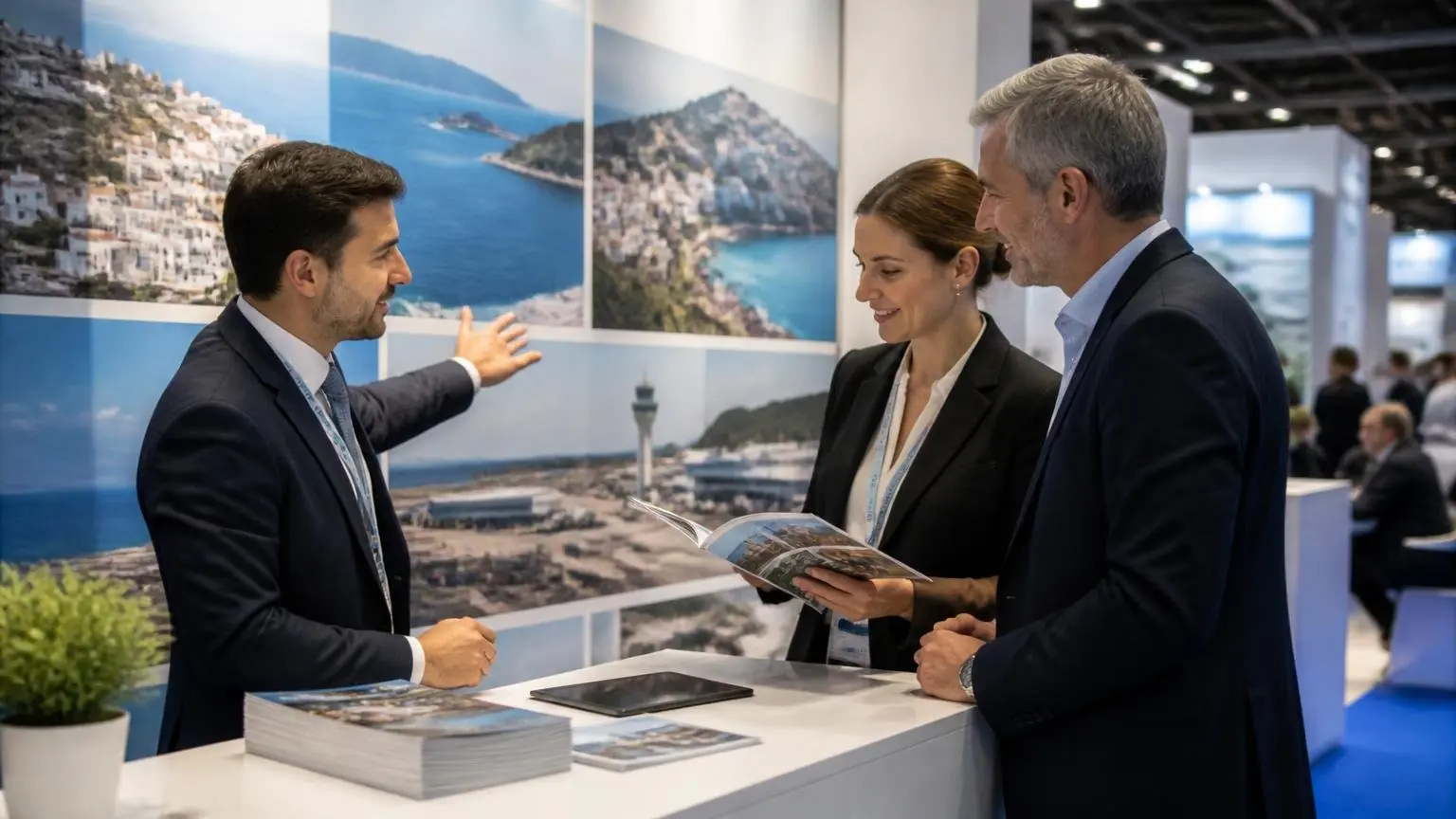 Fachleute der Reise- und Luftfahrtbranche im Gespräch auf einer Tourismusmesse, symbolische Darstellung