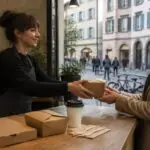 Συμβολική σκηνή καταστήματος εστίασης στο Φράιμπουργκ με κουτί πίτσας, συσκευασίες φαγητού και ποτήρι καφέ μιας χρήσης