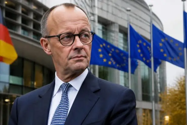 Ο Friedrich Merz σε συμβολικό φωτογραφικό πορτρέτο με σημαίες της Ευρωπαϊκής Ένωσης στο φόντο.