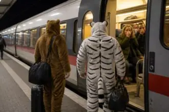 Δύο άνδρες με λούτρινες στολές σε αποβάθρα δίπλα σε νυχτερινό τρένο, συμβολική απεικόνιση του περιστατικού στην Ερφούρτη