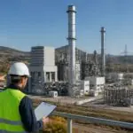 Symbolbild eines modernen Gaskraftwerks mit zwei Ingenieuren an einer Energieanlage in Griechenland
