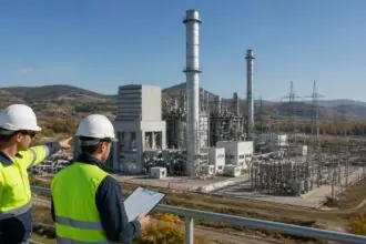 Symbolbild eines modernen Gaskraftwerks mit zwei Ingenieuren an einer Energieanlage in Griechenland