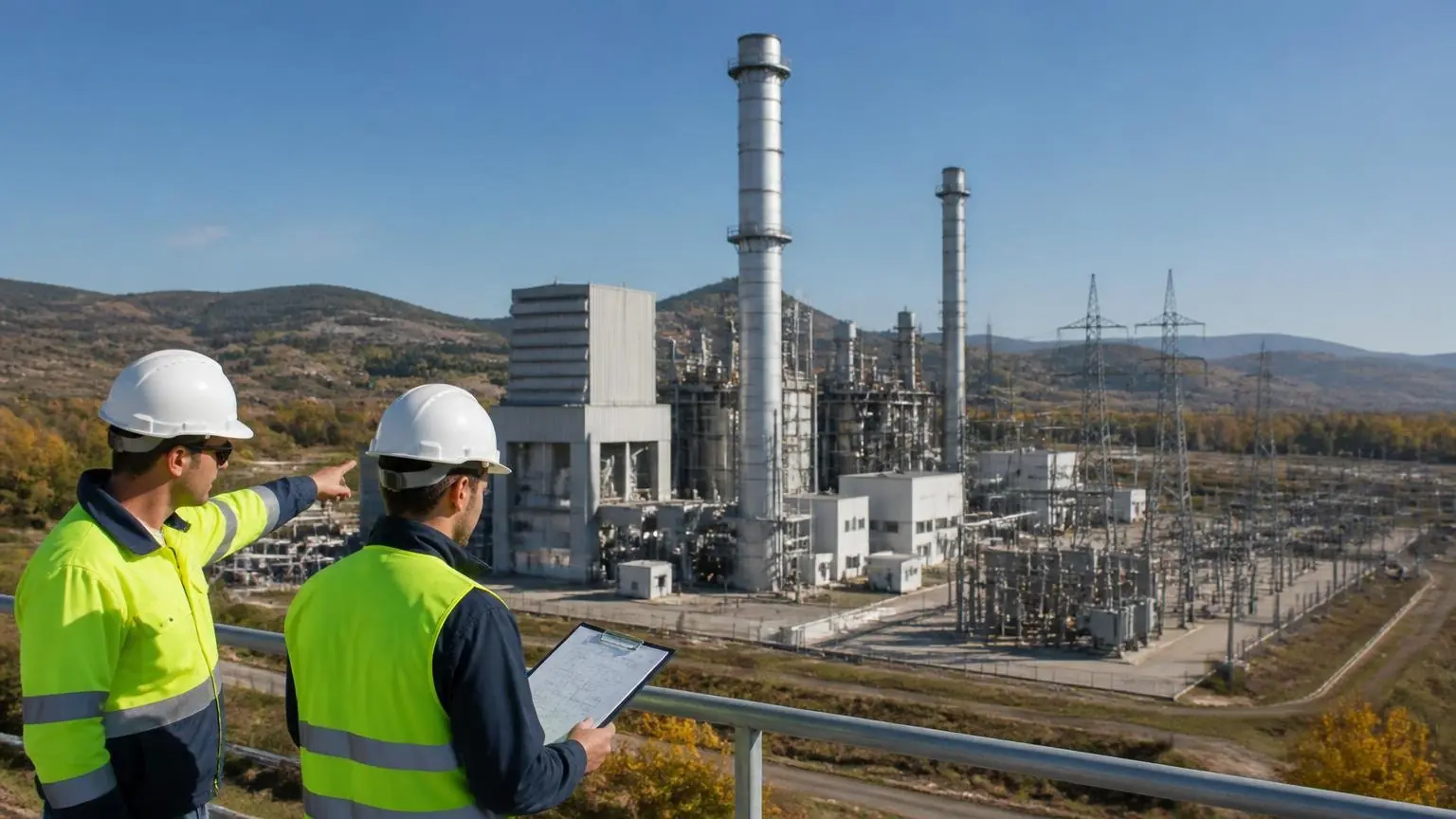 Symbolbild eines modernen Gaskraftwerks mit zwei Ingenieuren an einer Energieanlage in Griechenland