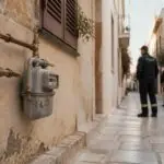 Symbolische Ansicht einer Gasinstallation an einem Wohnhaus in Athen mit Einsatzkräften im Hintergrund