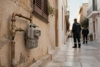Symbolische Ansicht einer Gasinstallation an einem Wohnhaus in Athen mit Einsatzkräften im Hintergrund