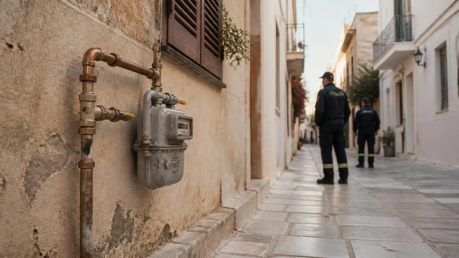Symbolische Ansicht einer Gasinstallation an einem Wohnhaus in Athen mit Einsatzkräften im Hintergrund