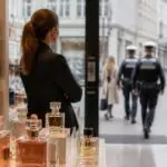 Συμβολική εικόνα από κατάστημα αρωμάτων με εργαζόμενη ασφάλειας και αστυνομικούς στο βάθος