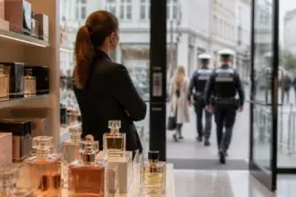 Συμβολική εικόνα από κατάστημα αρωμάτων με εργαζόμενη ασφάλειας και αστυνομικούς στο βάθος