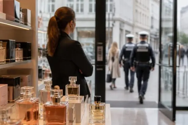 Συμβολική εικόνα από κατάστημα αρωμάτων με εργαζόμενη ασφάλειας και αστυνομικούς στο βάθος